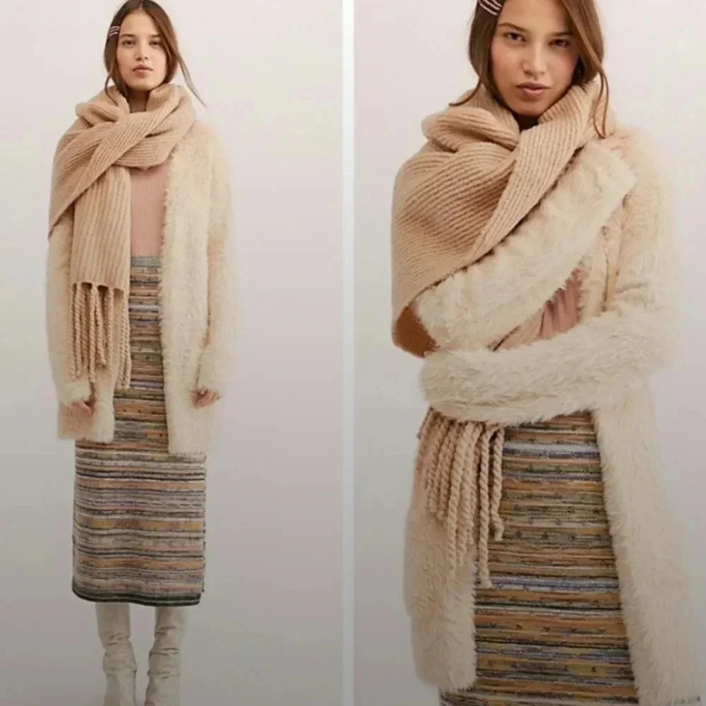 Free people faux fur midi cardigan beige size Xsmall fit to medium